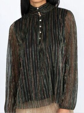 Johnny Was Jade Forever Young Gold Black Striped Silk Long Sleeve Blouse XL